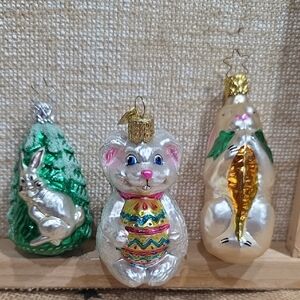 Old World Christmas Festive Rabbit Glass Ornament Set Of 3